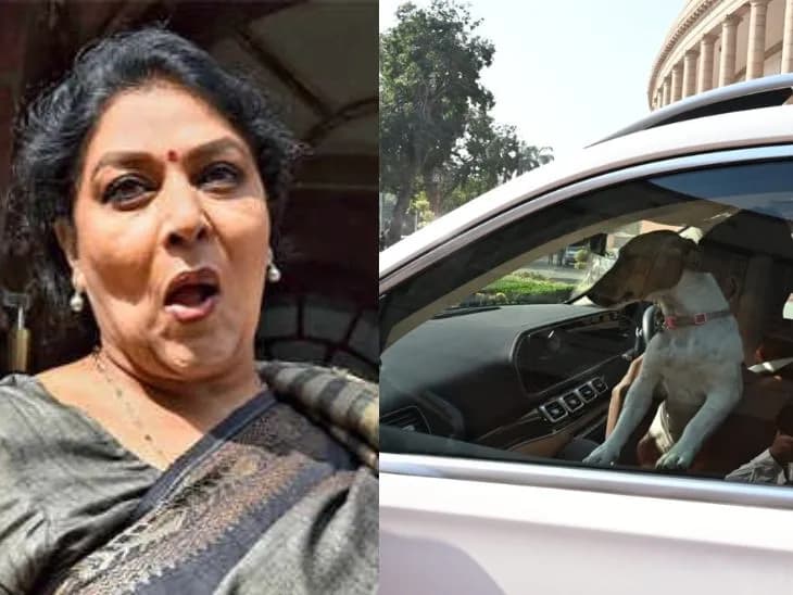 कांग्रेस सांसद रेणुका चौधरी सोमवार को संसद परिसर में डॉग लेकर पहुंचीं।